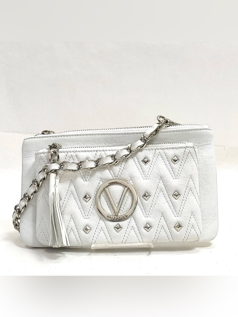 Valentino White Quilted Leather Crossbody with Silver Chain & Tassel